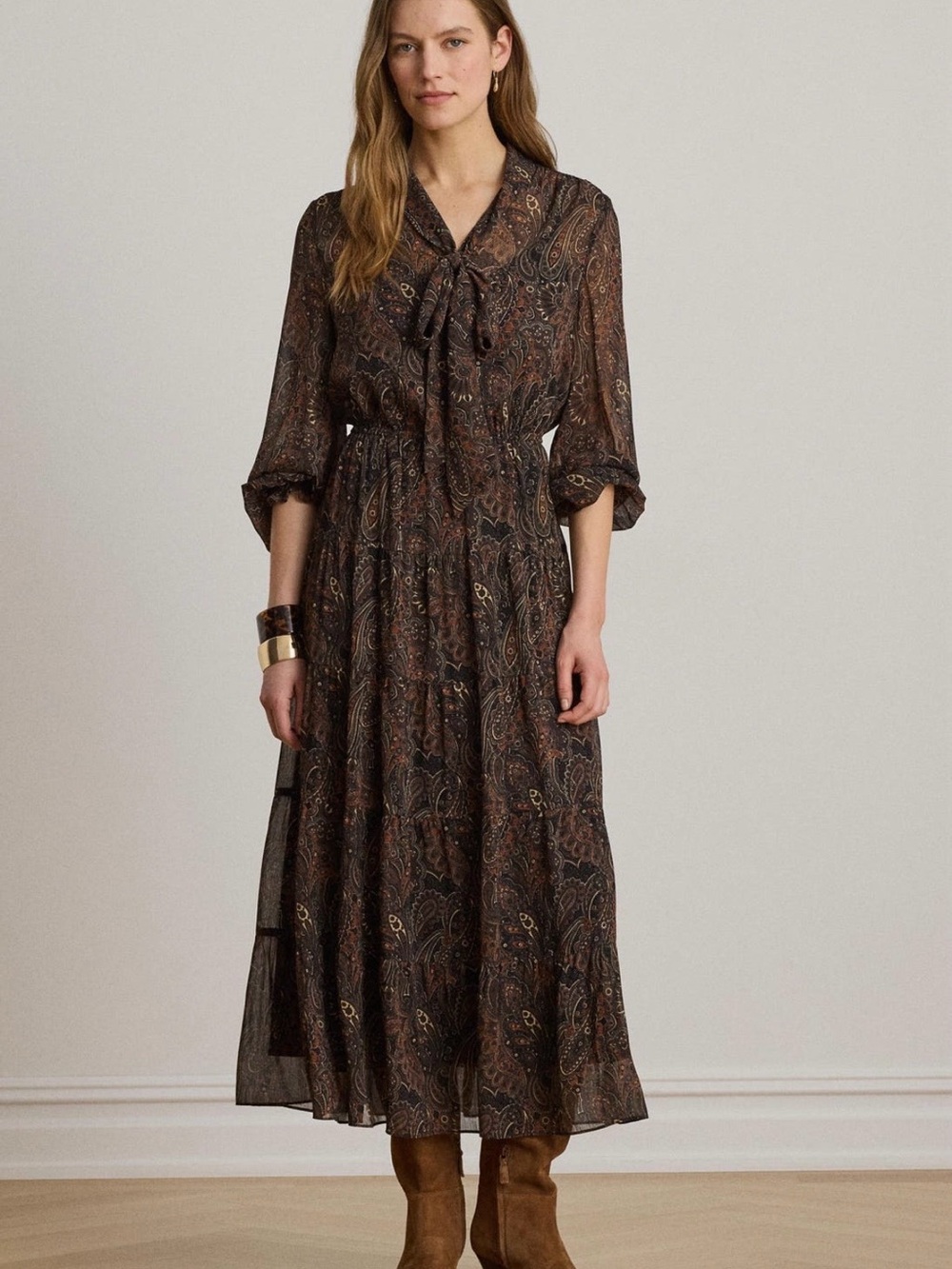 Lauren Ralph Lauren Brown Paisley Tie-Neck Crinkle Georgette Midi Dress Fall 26